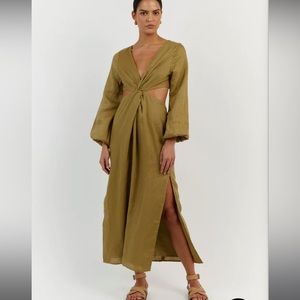 DISSH TINA OLIVE LINEN TWIST MIDI DRESS